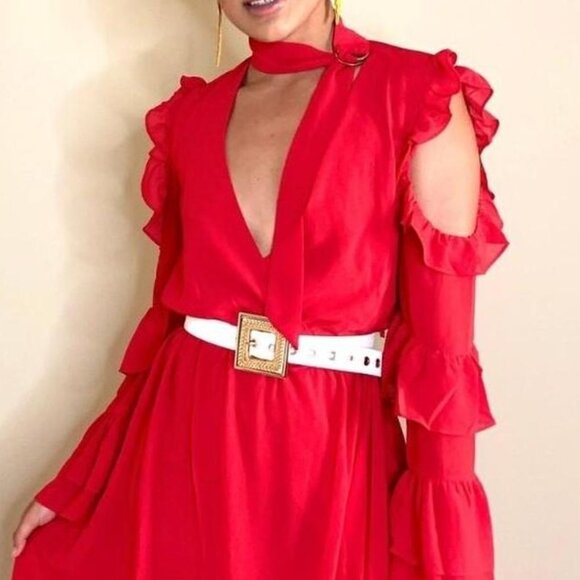 Contemporaray asymmetrical Hem Cold shoulder Midi Dress Red - Picture 6 of 6